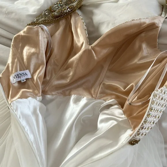 Vienna Prom Damaged Elegant Ivory and Gold Formal Prom | Wedding Gown - Picture 13 of 16